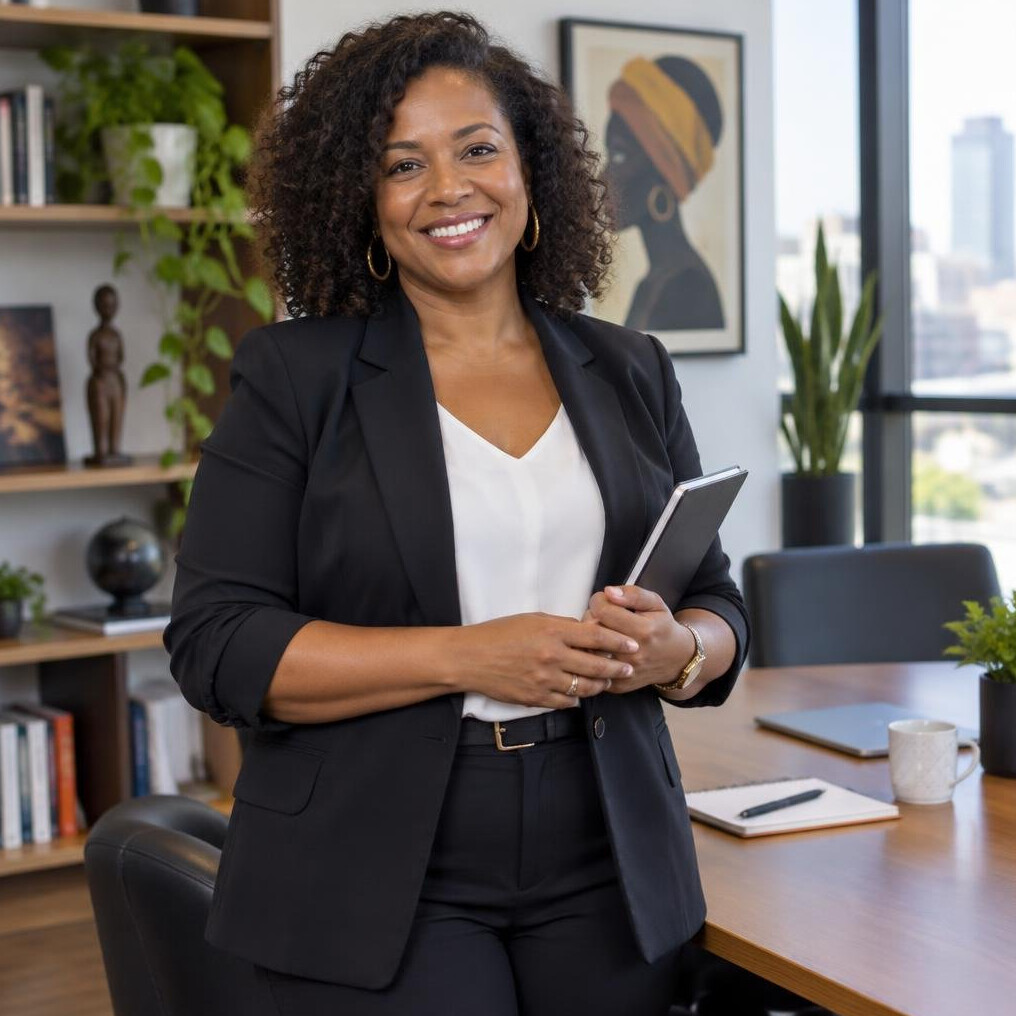 Professional woman smiling in an office
