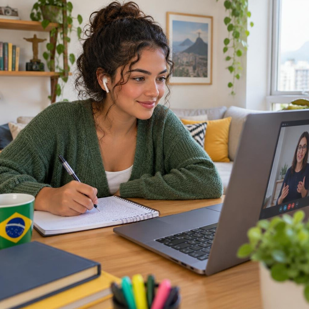 Woman in an online video class at home