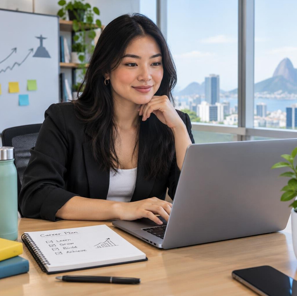 Young professional woman working on a laptop in an office