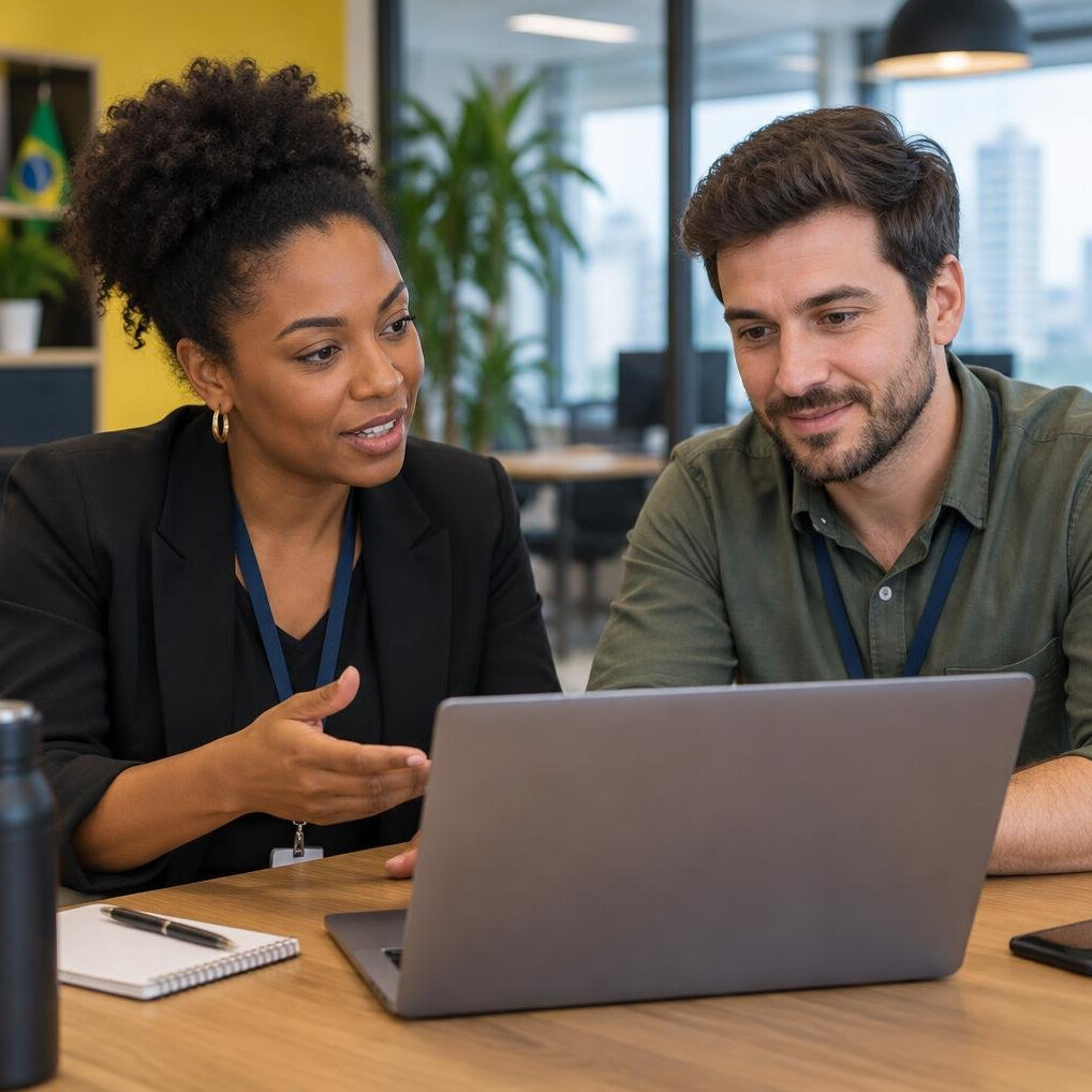 Two colleagues talking in front of a laptop